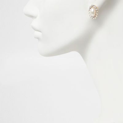 Gold tone gem surround pearl stud earrings
